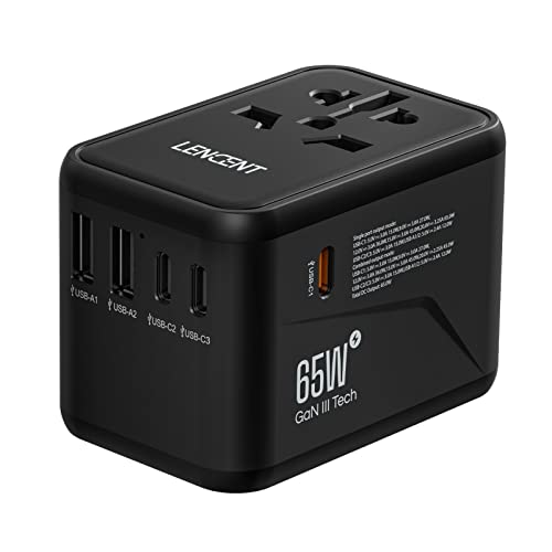 Lencent Adatttaore Universale Da Viaggio, Gan Iii 65W Caricatore Internazionale Con 2 Usb-A E 3 Type-C Pd Ricarica Rapida, Adattatore A Muro Mondiale