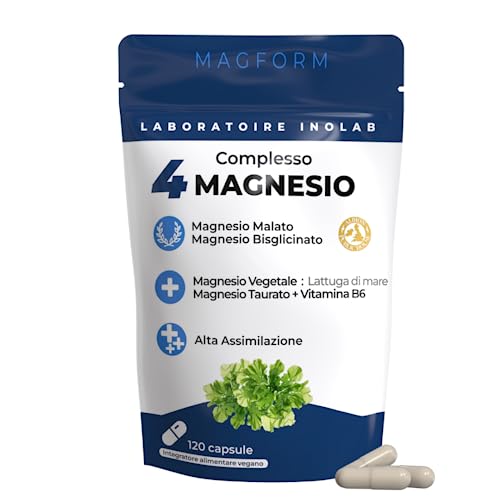 Inolab Magnesio B6 | 4 Mg Synergistic 1980 Mg/Giorno = Bisglicinato + Malato + Vegetale Biologico +Taurina Chelata | Tolleranza E Assimilazione Superi