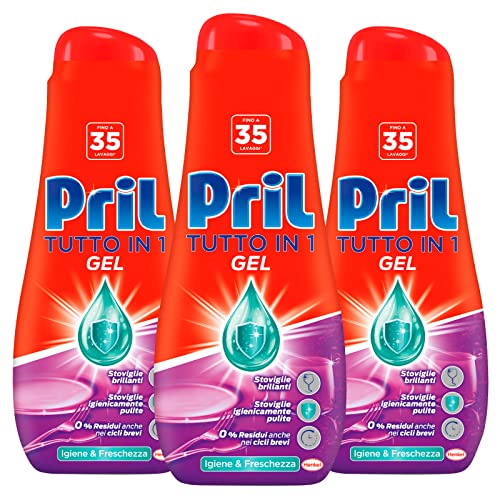 Pril Tutto In 1 Gel Lavastoviglie Detergente Brillantante Igiene & Freschezza Multi-Azione Contro Sporco Difficile Ostinato 0% Residui Formula Per Bas