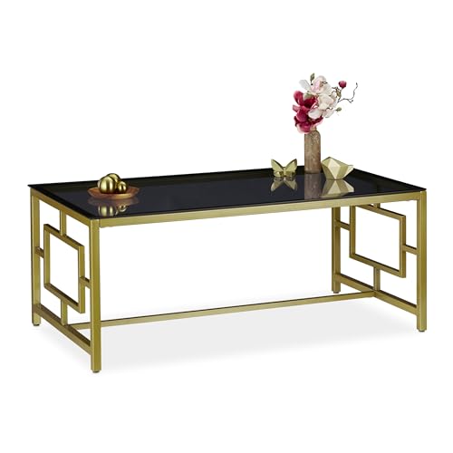 Relaxdays Tavolino Da Divano, Superficie Nera In Vetro, Struttura In Metallo, Da Salotto, 42X100X50 Cm, Dorato, Nero/Oro