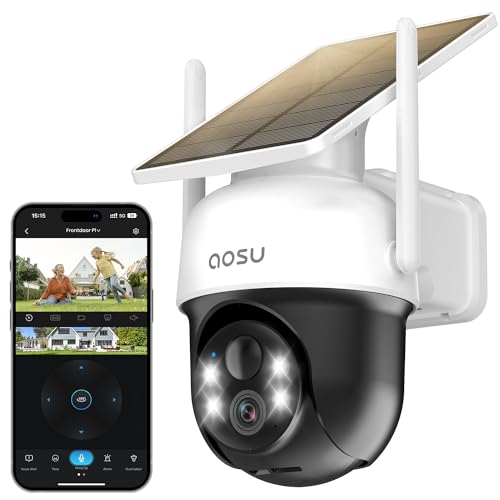 Aosu Telecamera Wi-Fi Esterno Senza Fili Batteria Telecamera Di Sicurezza Esterna, Pannello Solare Fisso, 3Mp 2K Hd, 360 Gradi Ptz 2.4Ghz, Visione Not