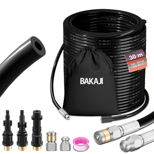 Bakaji Sonda Sturatubi Spurgatubi Alta Pressione 200 Bar, Sistema Antipiega Con Custodia, 3 Adattatori, 2 Ugelli Fissi E Rotanti, Compatibile Con Idro