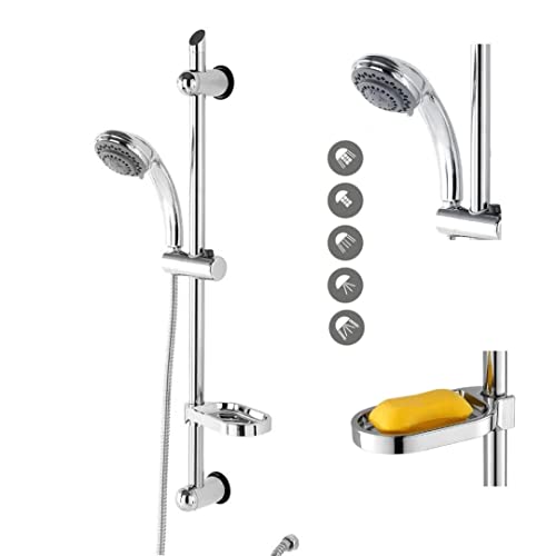 Kit Asta Doccia Saliscendi Regolabile 70Cm Con Soffione 5 Getti Di Acqua Multifunzione, Con Tubo E Portasapone, In Abs Cromato, Colonna Per Vasca Da B