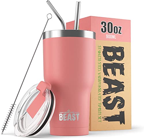 Beast Tazza Termica Da Viaggio - 900 Ml I Fiori Di Pesco I Doppia Parete Inox Termos Caffè Isolato I Con 2 Cannucce Riutilizzabili & Spazzolino Per Pu