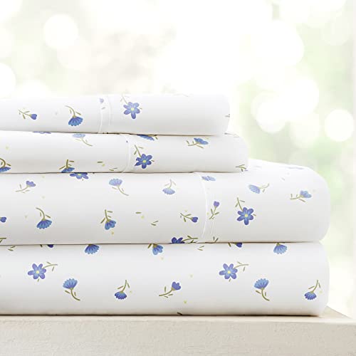 Linen Market Modello Lm, 4 Pezzi Set Lenzuola, Microfibra, Morbido Floreale Azzurro, Queen