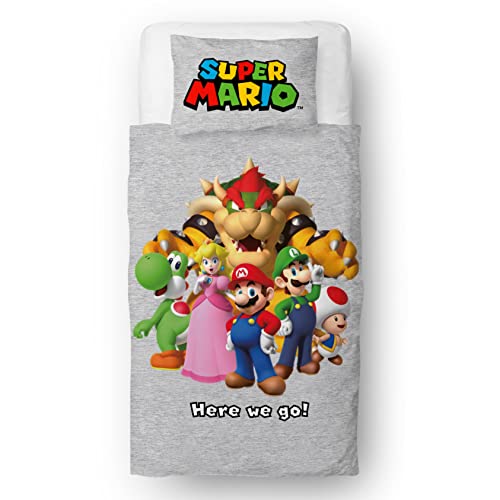 Set Copripiumino Singolo Ufficiale Nintendo Super Mario, Motivo Here We Go | Copripiumino Reversibile Su 2 Lati, Con Federa Coordinata, Set Da Letto S