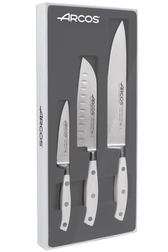 Arcos Serie Riviera Blanc, Set Di Coltelli Da Cucina 3 Pezzi (1 Spelucchino + 1 Santoku + 1 Coltello Da Chef), Acciaio Inossidabile Forgiato Nitrum, M