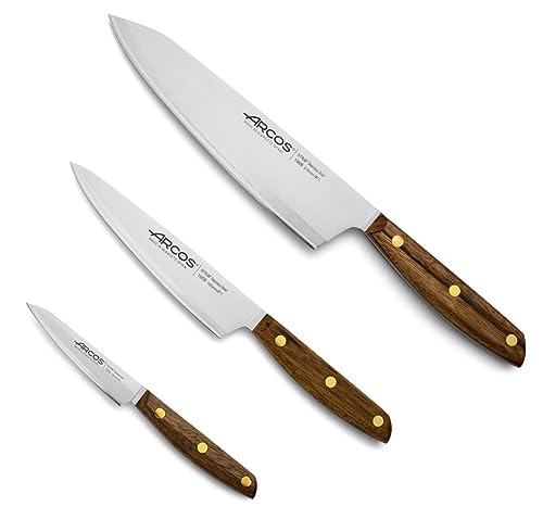 Arcos Serie Nordika - Set 3 Coltelli Cucina (Spelucchino + Coltello Cucina + Coltello Chef) - Acciaio Inossidabile Nitrum - Manico In Legno Ovengkol F