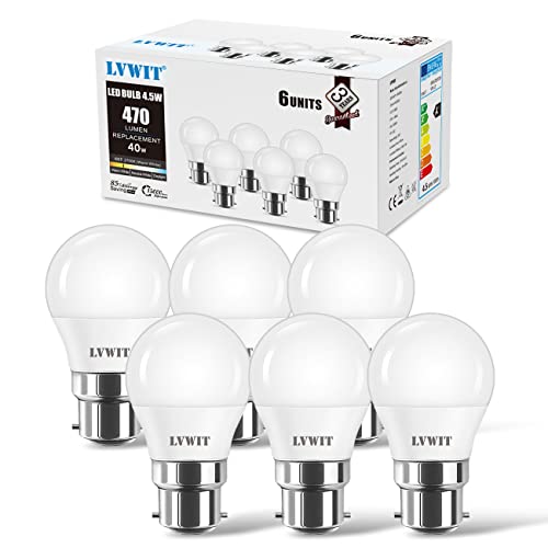 Lvwit B22 Led Light Bulbs, 470Lm G45 5W Equivalent 40W, 2700K Warm White, Non-Dimmable Led Light Bulb 6 Packs