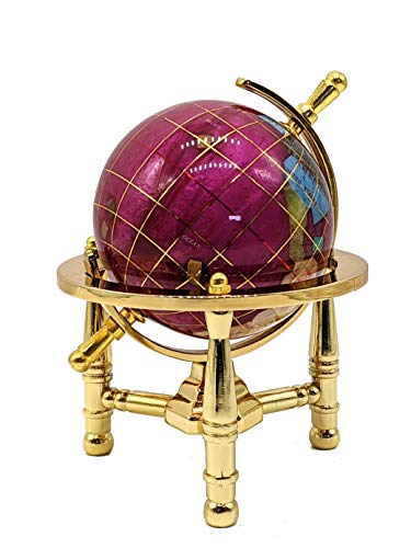 Unique Art 15,2 Cm Tall Pink Rubilite Pearl Swirl Ocean Mini Table Top Gemstone Globe Mondo Con Oro Treppiede
