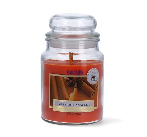 Magic Lights - Candela Giara 510 Gr Arancio Cannella Con Cera Vegetale Min. 75% - Stoppino In Legno Naturale Che Scoppietta, Made In Italy
