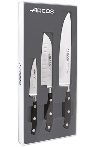 Arcos Serie Riviera, Set Di Coltelli Da Cucina 3 Pezzi (1 Spelucchino + 1 Santoku + 1 Coltello Da Chef), Acciaio Inossidabile Forgiato Nitrum, Manico