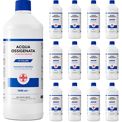 Aiesi® Acqua Ossigenata Disinfettante F.U. 3% 10 Volumi Con Tappo Di Sicurezza Per Bambini Flacone Da 1 Litro (Confezione Da 12 Pezzi), Made In Italy