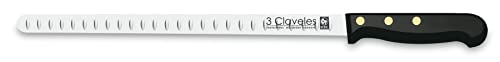 3 Claveles Cuchillo Jamonero, Alveolado, Acero Inoxidable-(29Cm), Mango Pom Negro, 29 Cm