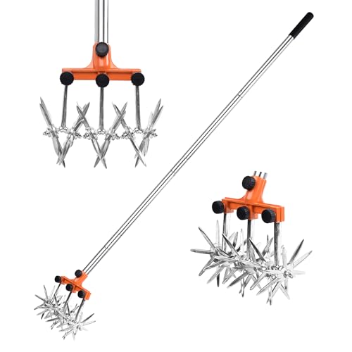 Baraystus Rotary Cultivator Garden Rotary Tiller Adjustable Stainless Steel Poles Hand Tiller For Soil Mixing Or Reseeding Grass Lawn Tiller Total Len