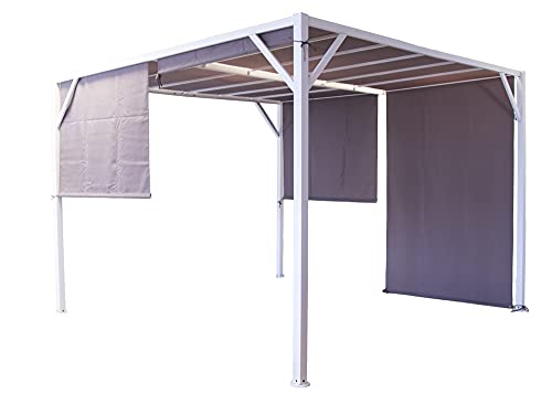 Verdelook Gazebo Cubo In Metallo Verniciato Con Tende Laterali, 3X3 H2.10 M, Telo Beige E Struttura In Metallo Verniciato Bianco