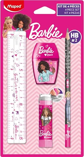 Maped - Set Di Cancelleria Barbie 4 Pezzi - 1 Righello Trasparente 15 Cm + 1 Temperino 1 Foro + 1 Gomma Tubo Protetto + 1 Matita Carta Hb - Licenza Ba