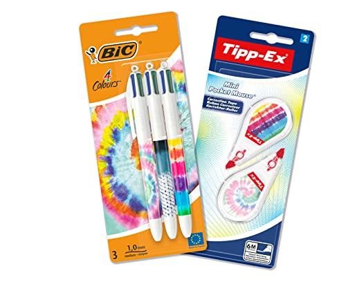 Bic 4Colori Penne Multicolore A Sfera E Tipp-Ex Bianchetti A Nastro, Decori Tie Dye, 5 Unità, Cancelleria Studenti