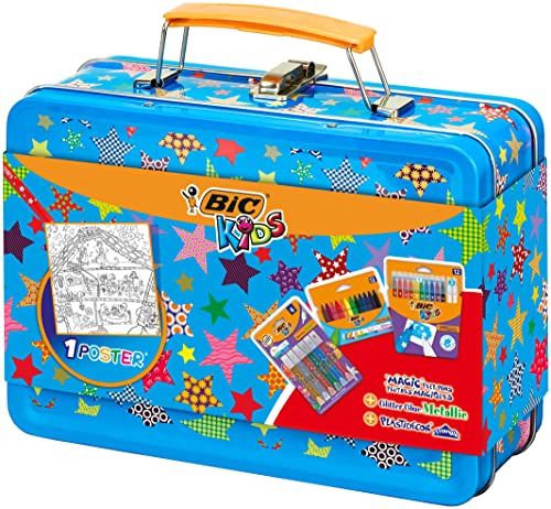 Bic Kids Maletín De Colores - 12 Ceras Blandas Para Colorear /12 Rotuladores De Colores Magic /6 Tubos De Pegamento Con Purpurina Y 1 Póster Para Colo