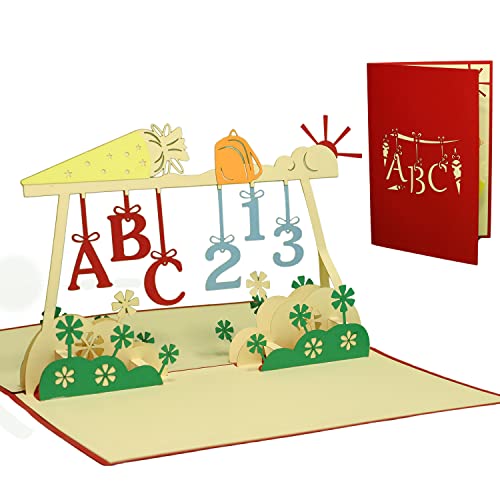 Lin - Pop Up 3D Biglietto D' Auguri Per Il Primo Giorno Di Scuola, Lettere E Numeri, Fatto A Mano, (# 214)