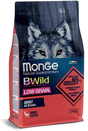Monge Bwild Adult Deer, Cibo Per Cani Per Tutte Le Razze (Cibo Secco Per Cani Con Carne Magra Di Cervo, Cibo Secco Per Cani Con Pochi Cereali, Molto R