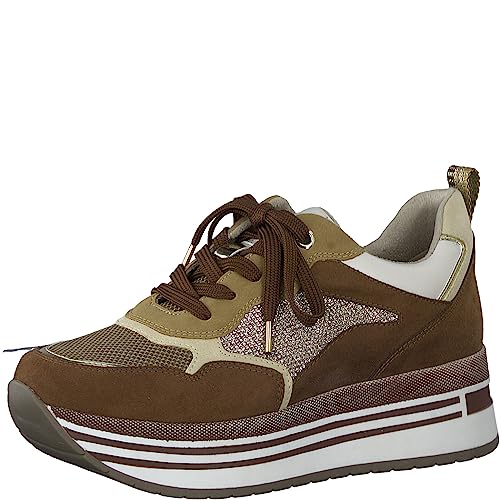 Marco Tozzi Sneakers Con Zeppa Donna Eleganti Con Lacci, Cognac Comb, 38 Eu