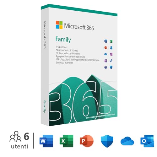 Microsoft 365 Family - Fino A 6 Persone - Per Pc/Mac/Tablet/Cellulari - Abbonamento Di 12 Mesi