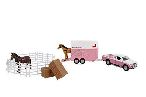 Kids Globe Traffic Die Cast Mitsubishi With Horse Trailer, Fence, Horses, Fence, Feed Bales (Pink, 27 Cm) 520205