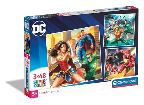 Clementoni- Dc Comics Justice League Supercolor League-3X48 (Include 3 48 Pezzi) Bambini 5 Anni, Puzzle Cartoni Animati, Made In Italy, Multicolore, 2