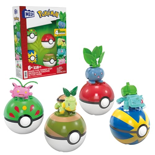 Mega Pokémon - Set Pokéball Squadra Di Tipo Erba, Con 118 Pezzi Da Costruire, Include 4 Pokémon Di Tipo Erba Costruibili E Snodati Con 4 Sfere Pokébal