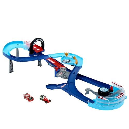 Mattel Cars - Pista Salti Della Corsa Globale, Playset Con Propulsore Attivabile E 2 Macchinine Incluse, Saetta Mcqueen E Francesco Bernoulli, Giocatt