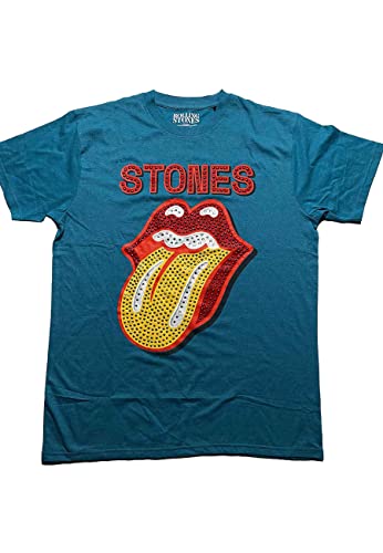 Rolling Stones The T Shirt Diamante Tongue Logo Ufficiale Teal Blue, Blu, L Unisex-Adulto