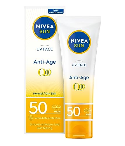 Nivea Uv Face Spf50 Q10 Antietà 0% Residuo Bianco (50 Ml), Crema Solare Viso Q10, Crema Viso Uv Anti-Età Con Spf50, Confezione Può Variare