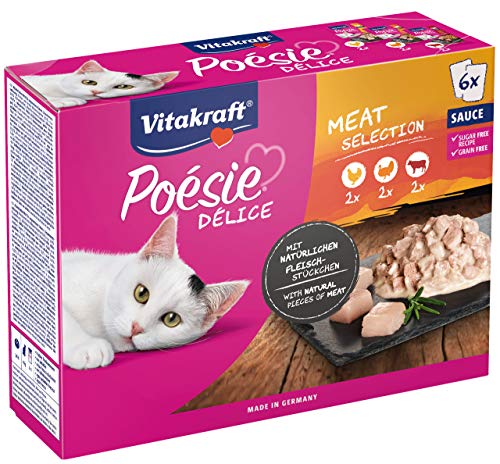 Vitakraft - Cibo Gatto "Poesia" - Cibo Umido Completo Per Gatti - A Base Di Carne In Salsa (Pollo, Tacchino, Manzo) - 6 Bustine Da 85 G, 510 G (Confez