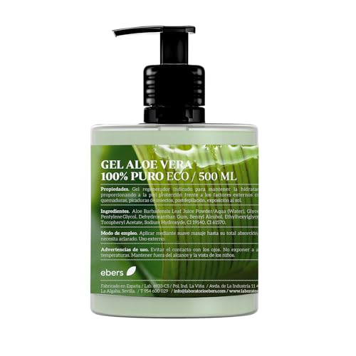 Ebers Aloe Vera Gel 100% Puro 500 Ml Con Dosatore - Ottima Crema Idratante Per Viso E Corpo, Doposole, Depilazione E Scottature.