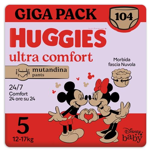 Huggies Ultra Comfort, Pannolini Taglia 5 (12-17 Kg), Mutandina Traspirante, Design Disney, Pacco Giga, 104 Pz