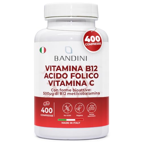 Bandini® | Vitamina B12 400 Compresse | Forma Bioattiva Metilcobalamina 100% Vegan | Scorta Per +1 Anno | 500Μg B 12 + 200Μg Acido Folico + 80Mg Vitam
