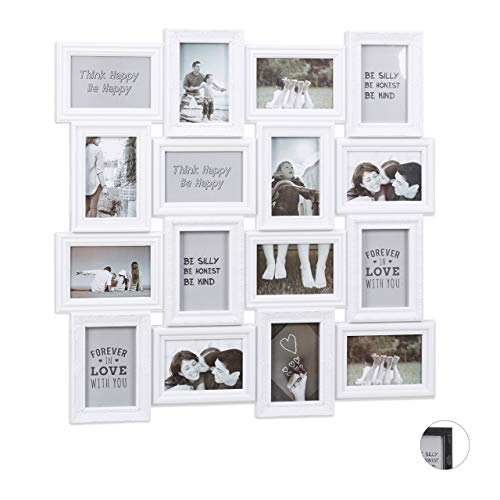 Relaxdays Cornice Portafoto Per 16 Foto Da 9 X 13, Da Appendere, In Plastica, Cartone, Bianco, Hxl: 70 X 70 Cm