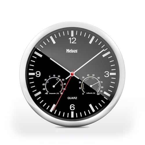Mebus Quarz-Wanduhr Mit Thermometer Und Hygrometer/Silberner Rahmen/Schwarzes Zifferblatt / 25Cm Durchmesser/Rund/Modell: 56731 / Farbe: Silber, Schwa