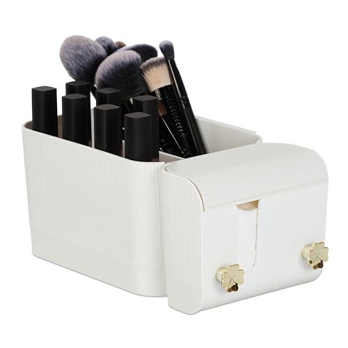 Relaxdays Cosmetici Portatrucchi, Organizer Da Parete, 4 Scomparti E 2 Ganci, Contenitore Make-Up Portarossetti, Plastica, Bianco