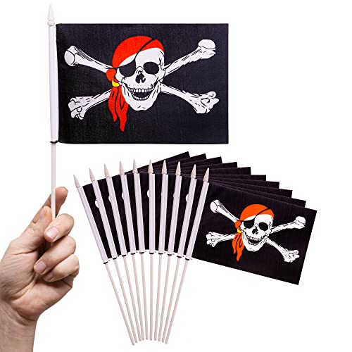 Pheno Flags Bandiera Dei Pirati Piccola- 10 Pezzi - 12,7 X 20,32 Cm - Asta Della Bandiera Da 30Cm - Bandierina Con Motivo Dei Pirati Per Compleanni Di