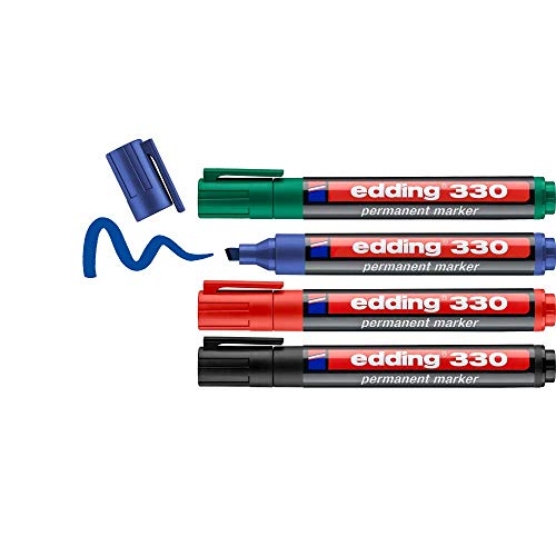 Edding 330 Marcatore Permanente, Nero, Rosso, Blu, Verde, Set Di 4, Punta A Scalpello 1-5 Mm, Per Cartone, Plastica, Vetro, Legno, Metallo E Tessuto.