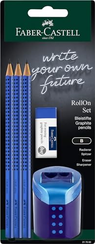 Faber-Castell 217083 - Set Di Matite Grip 2001, Con Gomma, Temperamatite Rollon E 3 Matite, Set Da Scrittura Blu