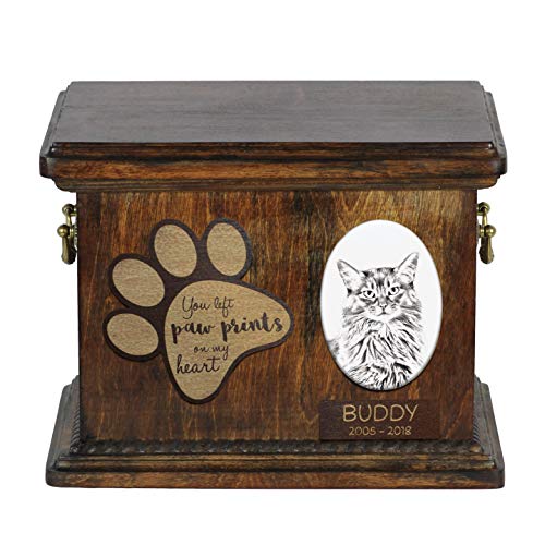 Art-Dog Urna Commemorativa Per Gatti Personalizzata - Scatola In Legno Fatta A Mano Per Ceneri Con Piatto In Ceramica - Scatola Per Cremazione Per Gat