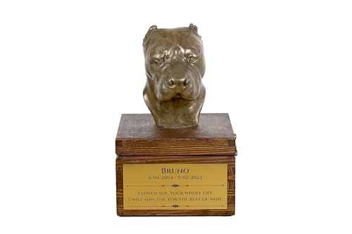 Art-Dog Urna Commemorativa Per Cani Personalizzata Fatta A Mano - Testa Di Cane In Bronzo Fuso A Freddo Su Base In Betulla - 16X28X16 Cm - Dogo Argent