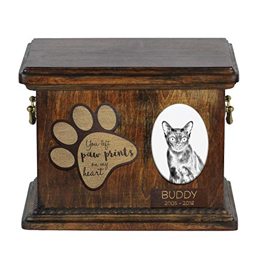 Art-Dog Urna Commemorativa Per Gatti Personalizzata - Scatola In Legno Fatta A Mano Per Ceneri Con Piatto In Ceramica - Scatola Per Cremazione Per Gat