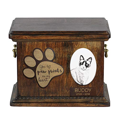Art-Dog Urna Commemorativa Per Gatti Personalizzata - Scatola In Legno Fatta A Mano Per Ceneri Con Piatto In Ceramica - Scatola Per Cremazione Per Gat