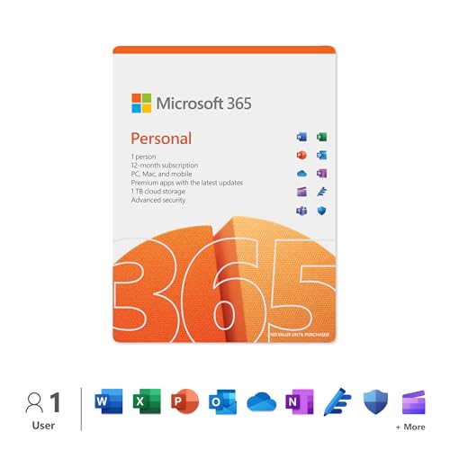 Microsoft 365 Personal | 12-Month Subscription | 1 Person | Word, Excel, Powerpoint | 1Tb Onedrive Cloud Storage | Pc/Mac Download | Activation Requir