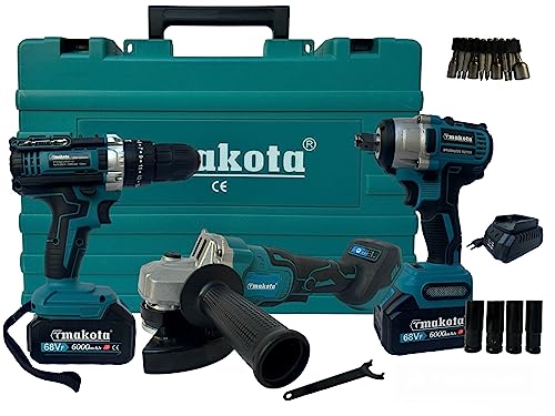 Kit 3 In 1 Trapano Avvitatore Con Percussione + Flex Smerigliatrice Angolare + Svitabulloni Avvitatore Ad Impulsi Due Batterie Incluse 68V Con Motore