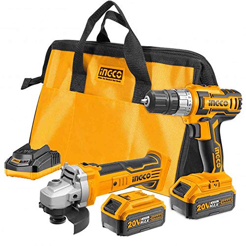 Ingco Ckli2009 Set Completo Di Trapano Avvitatore A Batteria E Smerigliatrice Angolare 20 V Con 2 Batterie 4 Ah Caricabatterie E Borsa